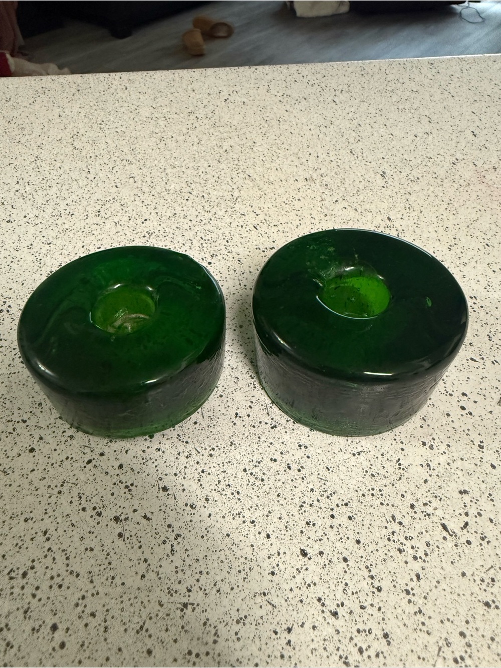 Blenko Art Glass Green Round Candleholders 2" tall MCM Pair